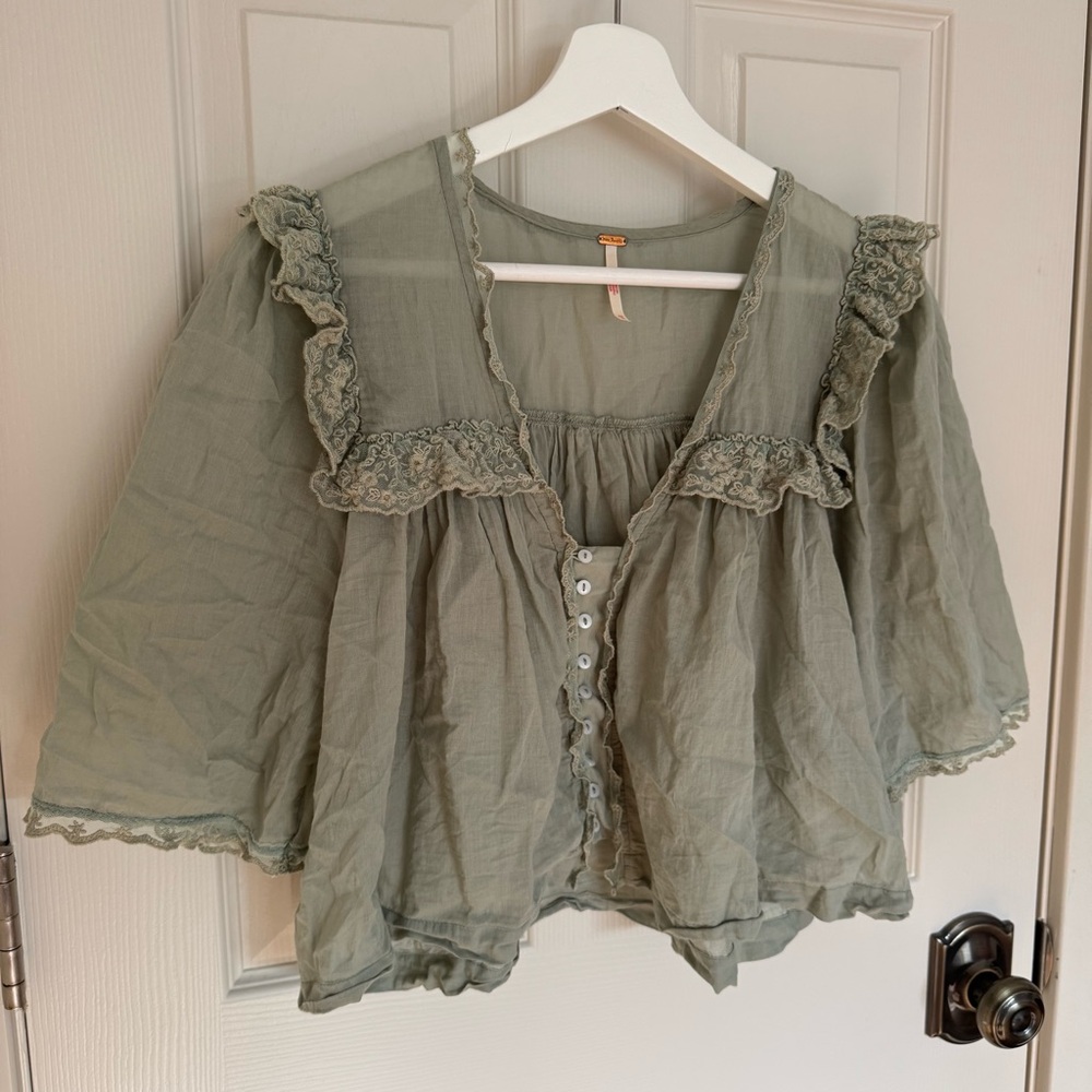 sage ruffle button-front top